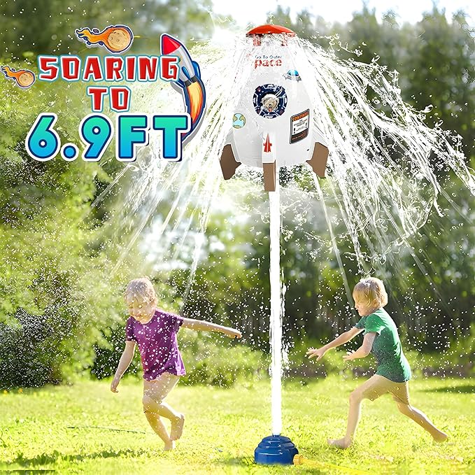 Water Rocket Sprinkler for Kids, Outdoor Sprinkler Rocket Launcher Toy for Backyard, Summer Water Toys for Kids Ages 3-12, Fun Water Powered Rocket Toy (White-1)