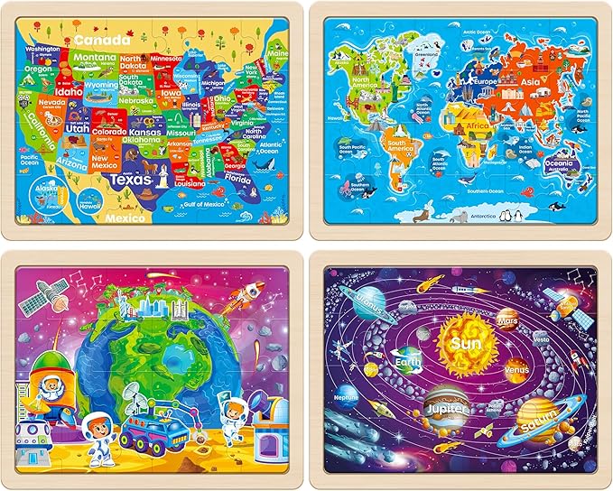 SYNARRY Large US World Earth Solar System Wooden Puzzles for Kids Gift Box(12.2*9.4 in) - FSC Certified, Puzzles for Toddlers 3-5, Puzzles for Kids Ages 4-6, Map Toys Gifts for 3 4 5 Year Old Boy Girl