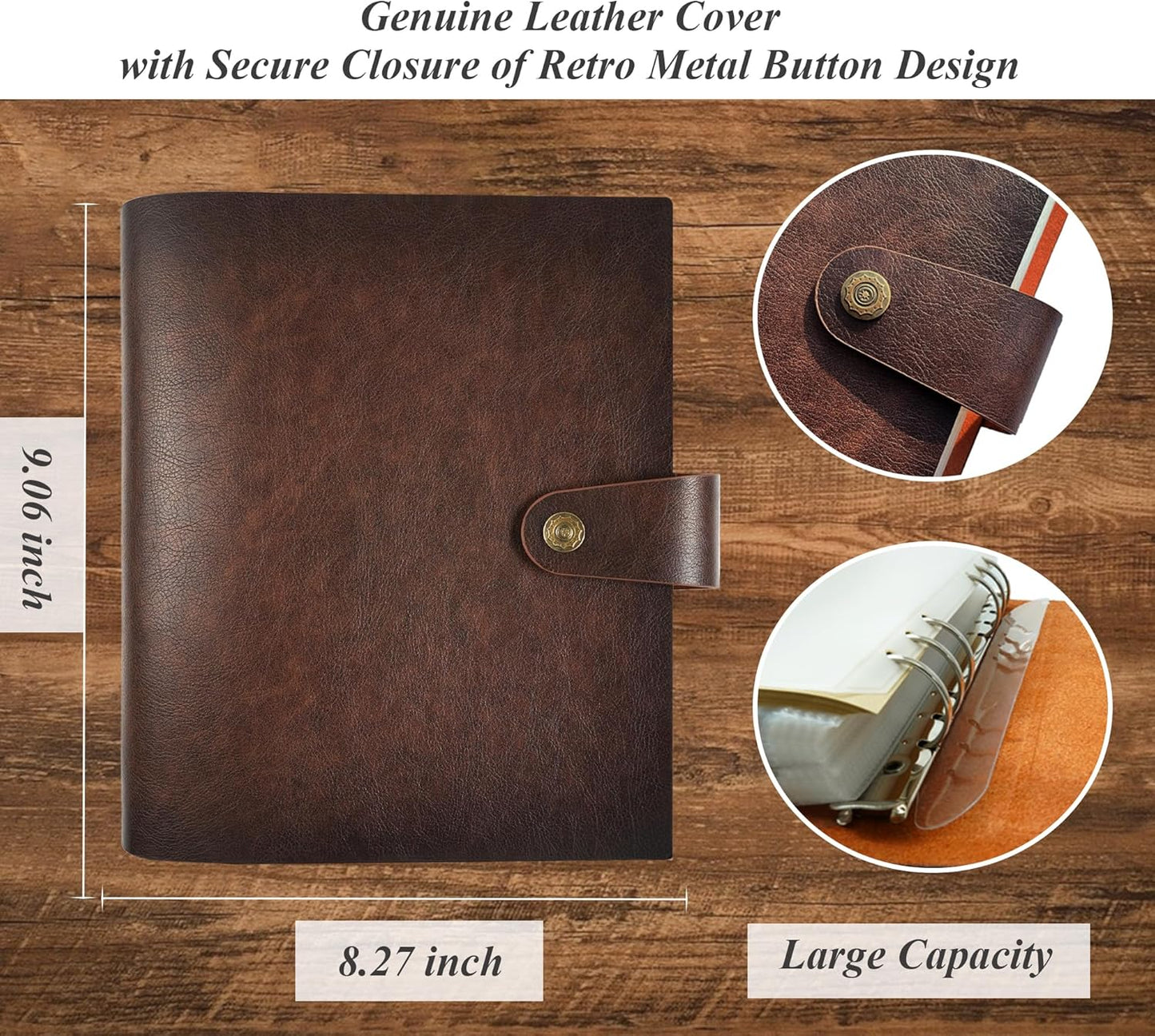 Genuine Leather Photo Album 4x6 for 300 Photos, with Writing Space of 40 Writing Paper, Binder Pocket, Travel Family Wedding Kids Graduation Ultrasound Baby Picture Album Scrapbook, Brown