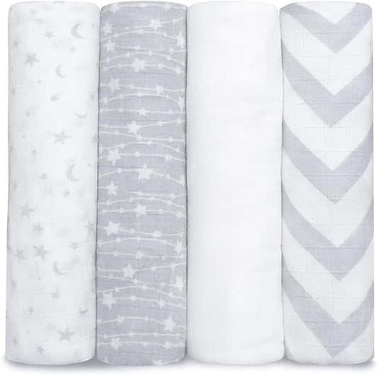Comfy Cubs Muslin Swaddle Blankets Pack of 4, 47 x 47 Inches, Soft Cotton Baby Blanket Set, Large Multipurpose Swaddling Wraps for Newborns - Self-Soothing Swaddle - Grey