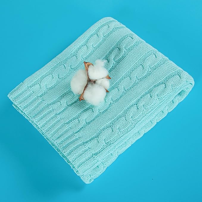 NTBAY 100% Pure Cotton Cable Knit Toddler Blanket, Super Soft Warm Breathable 30x40 Baby Blanket for Crib, Stroller, Nursery, Travel, Newborn, 30x40 Inches, Light Blue