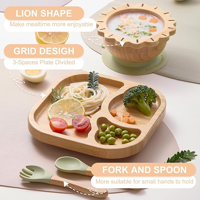 Suction Plates Bowls Set for Baby Toddler Non-Toxic Bamboo Feeding Set with Silicone Fork & Spoon (Green Feeding Set)