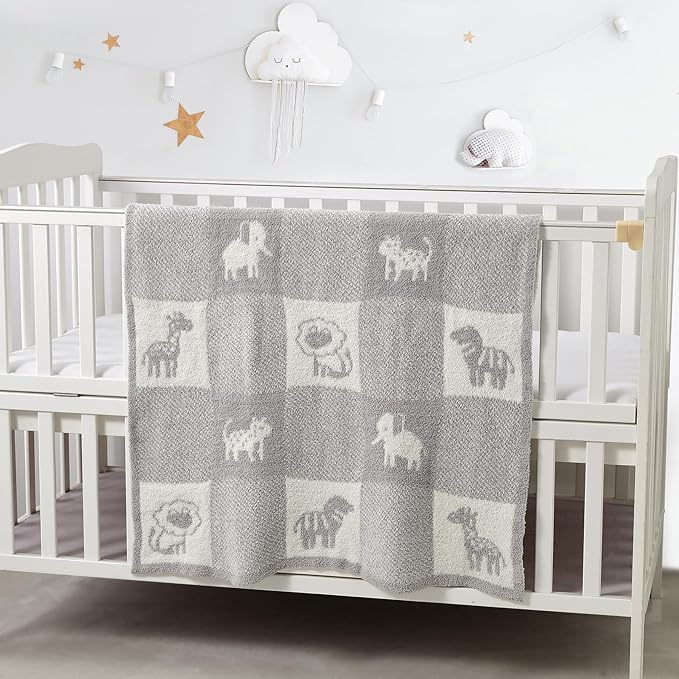 CREVENT 30"X40" Cozy Soft Warm Knitted Baby Blanket for Girls Boys, Newborn Essentials for Infant, Baby Shower Receiving Gift - Animal Grey 75X100cm