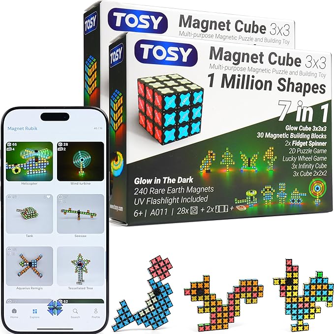 TOSY Magnet Cube 3x3 - 30 Blocks, 240 Magnets, Multipurpose: Creative Building Blocks, Transformable Fidget Spinner, Puzzle/Infinity Cube, Christmas Stocking Stuffers, Glowing STEM Toy, 2-Pack