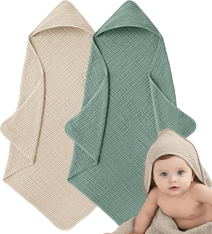 Muslin Hooded Baby Towels for Newborns, 32"x32", 100% Cotton – 6 Layers Super Soft Absorbent Breathable, Baby Bath Towel, Toddler Bath Towel – Pack of 2