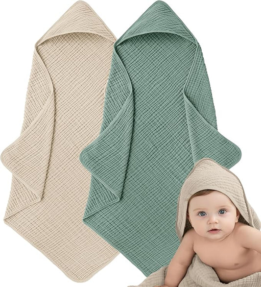 Muslin Hooded Baby Towels for Newborns, 32"x32", 100% Cotton – 6 Layers Super Soft Absorbent Breathable, Baby Bath Towel, Toddler Bath Towel – Pack of 2