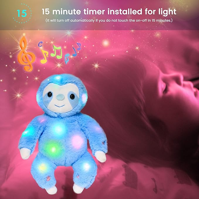 Hopearl LED Musical Plush Sloth Lighting Up Stuffed Animal Three Toed Sloth Floppy Night Lights Glow in The Dark Birthday Festival for Kids Toddlers, Blue, 12.5''