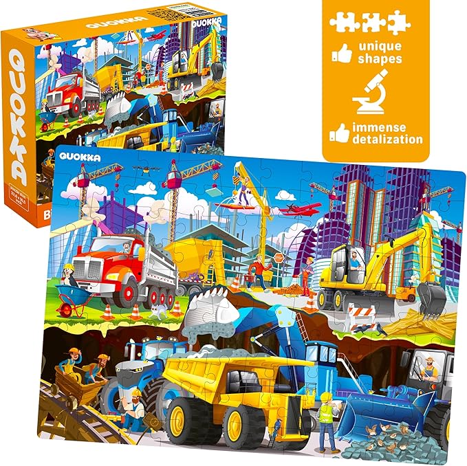 QUOKKA 100 Piece Puzzles for Kids Ages 4-6 – 3 Floor Puzzles for Toddlers 3-5 – Toy for Learning Pirates & Constructions & Animals for 6-8 yo – Jigsaw Toddler Game for Boy and Girl