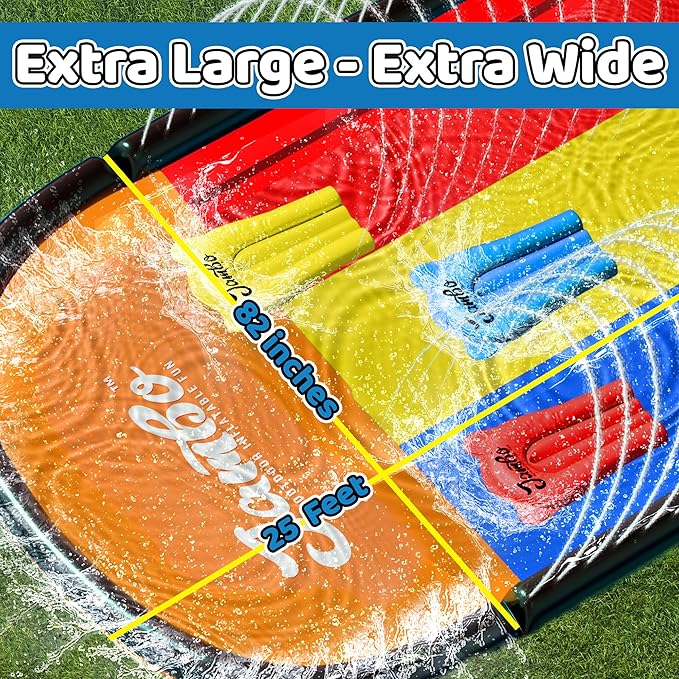 JAMBO 25Ft Premium XXL Slip Splash and Slide with 3 Bodyboards, Heavy Duty Water Slide- Advanced 3-Way Sprinkler System, Splash Mat Splash Pad Backyard Waterslide Outdoor Water Toys n Slides for Kids