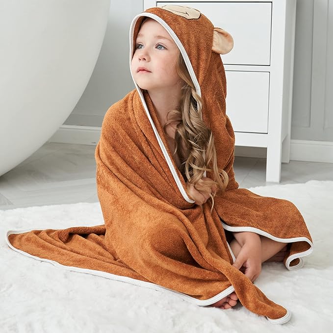 HIPHOP PANDA Hooded Towel - Rayon Made from Bamboo, Bath Towel with Bear Ears for Newborn, Babie, Toddler, Infant - Absorbent Large Baby Towel - Monkey, 37.5 x 37.5 Inch
