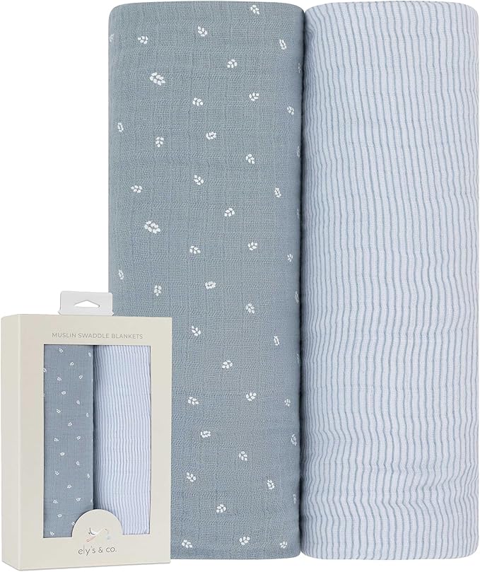Ely's & Co. Muslin Swaddle Blanket 2-Pack — 100% Cotton Muslin Extra-Large Swaddle Blankets (47” x 47”) Solid Blue + Printed Blue Leaf