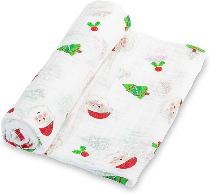 LollyBanks Muslin Swaddle Blankets, 100% Cotton Baby Blanket for Boys and Girls, 47 x 47 Inches Newborn Swaddle, Soft and Breathable Receiving Blankets, Baby Essentials, Registry (Santa Print)