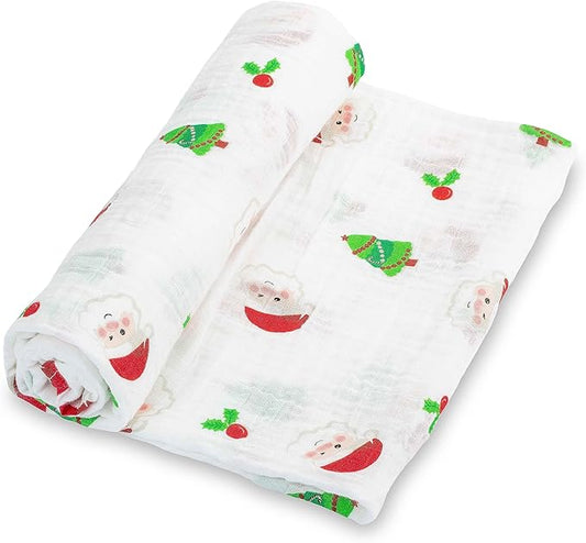 LollyBanks Muslin Swaddle Blankets, 100% Cotton Baby Blanket for Boys and Girls, 47 x 47 Inches Newborn Swaddle, Soft and Breathable Receiving Blankets, Baby Essentials, Registry (Santa Print)
