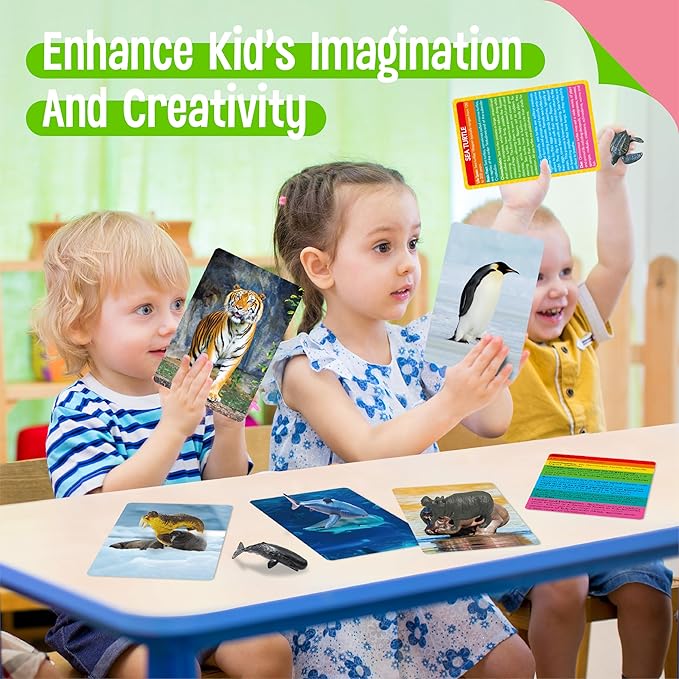 24PCS Animal Figurines with 24 Introducing Flashcards, Wild & Marine Animal Figures Safari and Underwater Creature Learning Montessori Toys Science Educational Matching Game for Homeschool, Kids