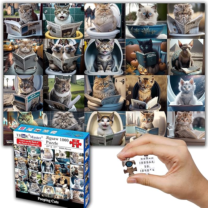Think2Master Pooping Cats & Kittens 1000 Pieces Jigsaw Puzzle. Perfect Bathroom Decoration, Gag Gift. Fun for Teens, Seniors & Families. Great Gift for Kids Ages 13+. Size: 26.8” x 18.9”