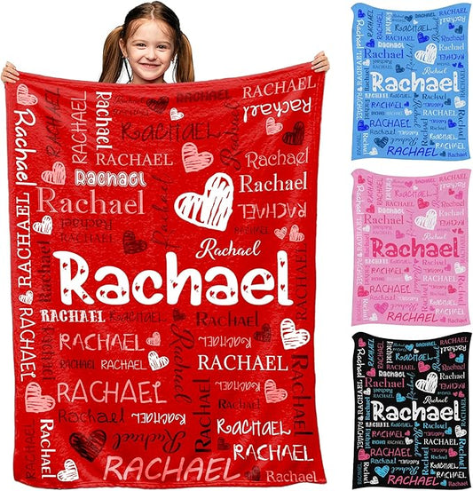 Custom Name Blanket for Girls Boys, Personalized Baby Blanket with Name, Red Hearts Pattern Blankets for Infant Toddler Birthday Christmas, Ultra-Soft & Cozy Blankets for Daughter Son Nephew Niece
