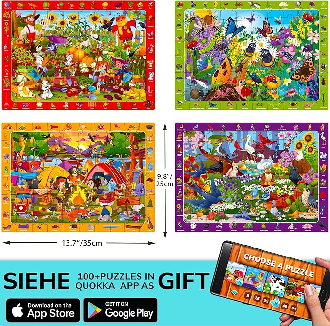 QUOKKA Puzzles for Kids Ages 6-8 - Toddler Puzzles 4-6 - 4-Pack 60 Piece Search and Find Animals and Bugs Jigsaw Puzzle 5-8 - Learning Toys for 3 yo Boys and Girls - Educational Games Gift Version II