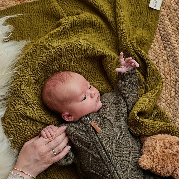 Knitted Organic Cotton Baby Blanket- Swaddle Blanket, 30" x 40" Soft Receiving Blanket for Newborn (Moss Green)