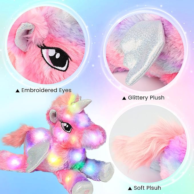 Hopearl Colorful LED Plush Unicorn Light up Stuffed Animal Floppy Night Lights Glow in The Dark Birthday Festival for Kids Toddler Girls, Rainbow, 16''