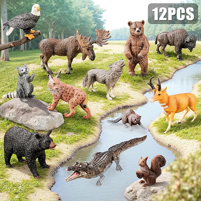 12PCS Large North American Animal Figurines & 67PCS Large Woodland Jigsaw Puzzles Toys for Preschool Kids Toddlers, Ideal Realistic Safari Animals Toys Gift for Toddlers Kids