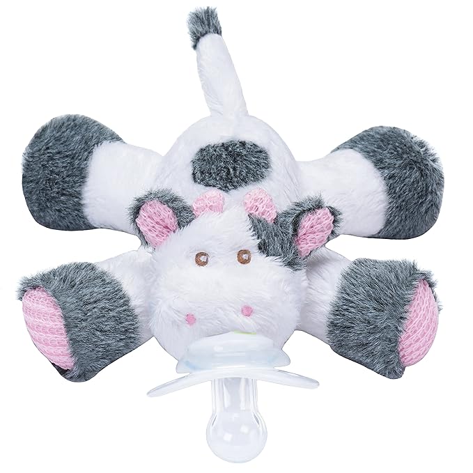 Nookums Paci-Plushies Buddies - Cow Pacifier Holder - Adapts to Name Brand Pacifiers, Suitable for All Ages, Plush Toy Includes Detachable Pacifier