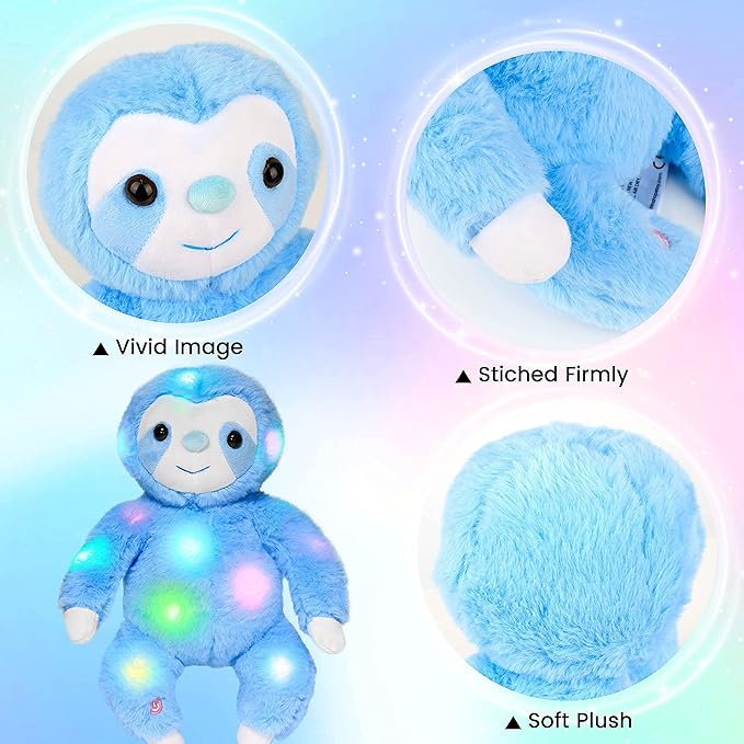 Hopearl LED Plush Three Toed Sloth Lighting Up Stuffed Animal Sloth Floppy Night Lights Glow in The Dark Birthday Festival for Kids Toddlers, Blue, 12.5''