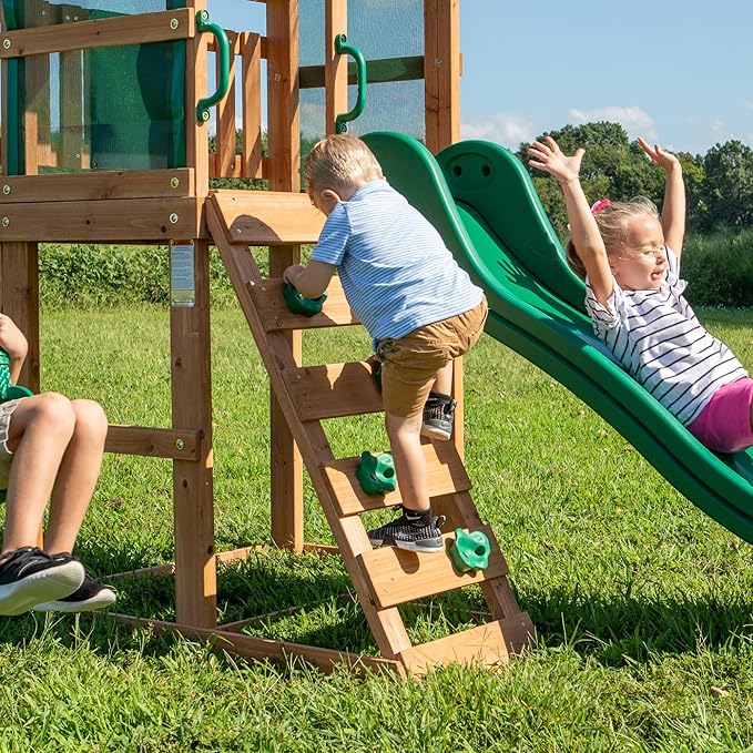 Backyard Discovery Buckley Hill Cedar Wood Swing Set with Wave Slide, Play Deck, Rock Wall Ladder, Belt Swings, Chalkboard, Canopy Roof, Outdoor Playset