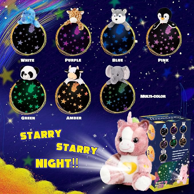 Cuteoy Plush Dirty Pink Unicorn Star Projector Musical Adjustable Singing Night Light Stuffed Animals Glowing Plushies Toy Gifts for Kids Birthday Easter Christmas,12''