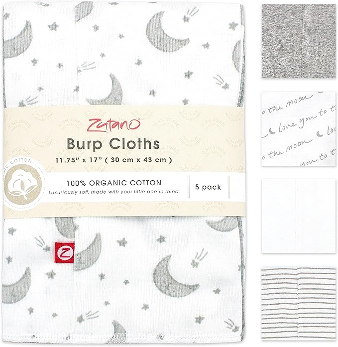 Zutano 5-Pack Organic Burp Cloths for Baby Girl & Boy, Large Cotton Burping Cloths for Babies | Absorbent Baby Spit-Up Rags | Gender Neutral Burp Clothes | Newborn Essentials, Love You to The Moon