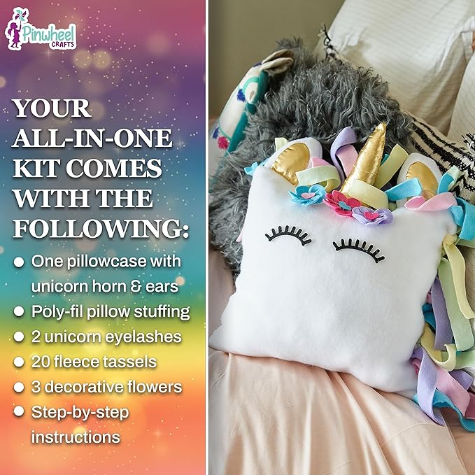 Pinwheel Crafts Unicorn Pillow Kit - DIY Arts and Crafts for Kids Ages 6 7 8-12+ Years, No Sewing Kit for Kids, Unicorn Purple Pillow Craft Kits for Birthday, Christmas Gifts for Girls