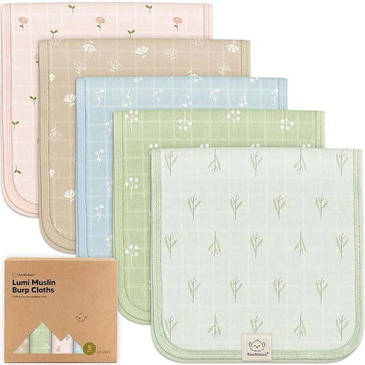 5-Pack Cotton Muslin Burp Cloths Baby Girls, Boys - Soft & Absorbent Spit Up Burp Rags, Large Muslin Towel, Cotton Wash Cloths for Babies, Newborn, Infant, No Shrink, Durable, Neutral (Wild Bloom)