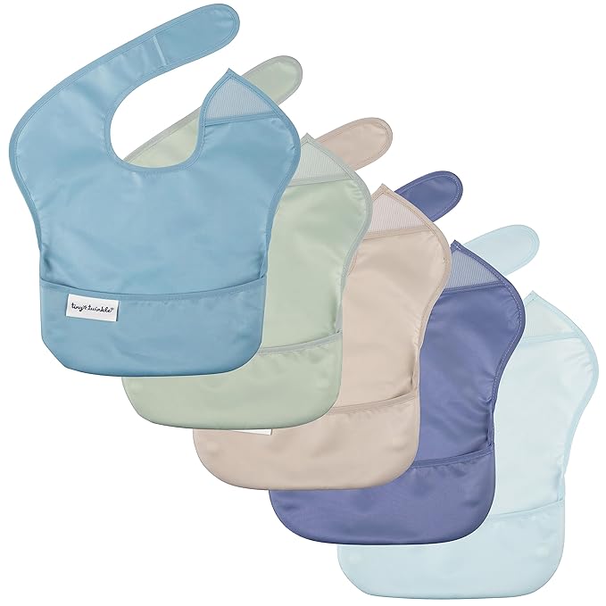Tiny Twinkle Mess Proof Baby Bibs for Eating – Waterproof, Wipeable Toddler Bibs with Pocket – Baby Food Bibs for Girls & Boys(5 Pack, Boy Spring)