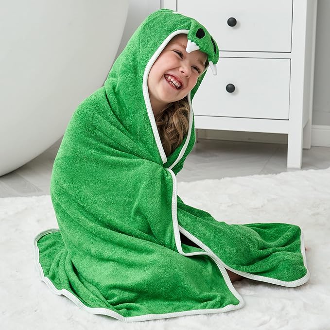 HIPHOP PANDA Hooded Towel - Rayon Made from Bamboo, Bath Towel with Bear Ears for Newborn, Babie, Toddler, Infant - Absorbent Large Baby Towel - Dinosaur, 30 x 30 Inch