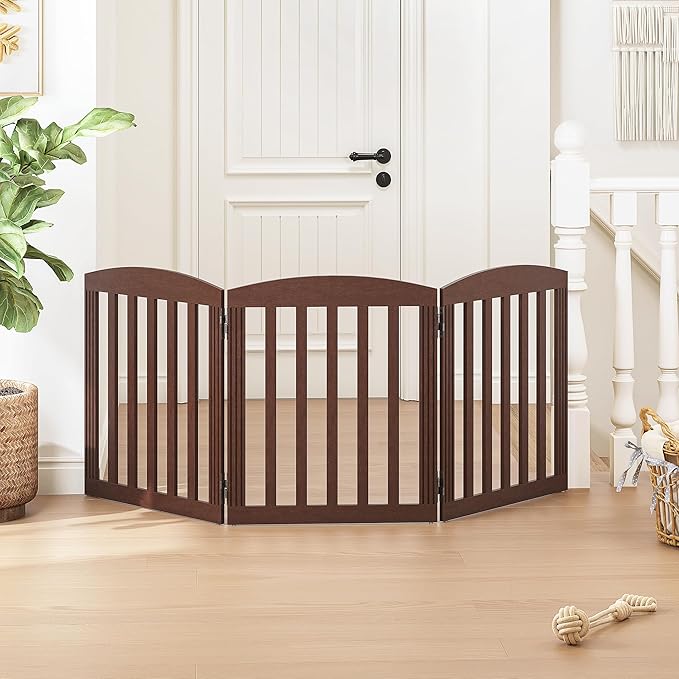 SPIRICH Wooden Freestanding Foldable Dog Gate, Pet Gate Indoor, Dog Gates for Doorways, Stairs, The House, Extra Wide Step Over Puppy Gate, 3 Panels, Brown
