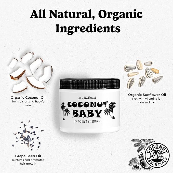 Coconut Essentials Coconut Baby Oil - Natural & Organic Moisturizer, Hair Oil for Cradle Cap Treatment, Newborn Sensitive Skin, Eczema & Psoriasis Relief, Unscented, Sunflower & GrapeSeed 4 floz