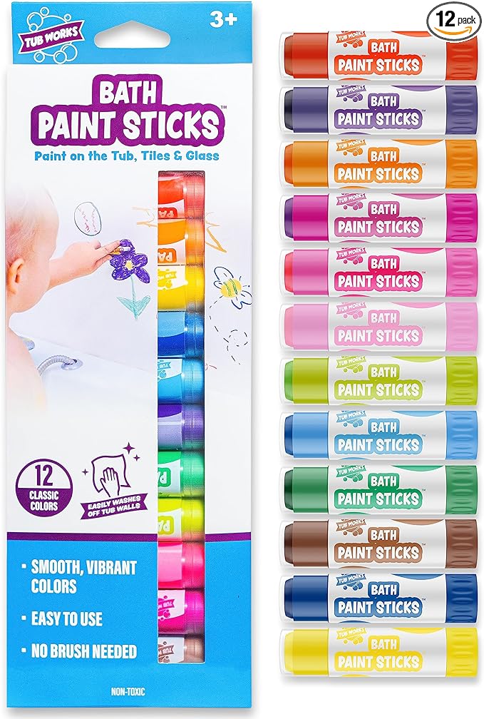 Tub Works® Bath Paint Sticks™ Bath Toy, 12 Count | Nontoxic, Washable Bathtub Paint for Kids & Toddlers | Twistable Sticks Draw Smoothly on Tub Walls | Smooth, Vibrant Alternative to Bath Crayons