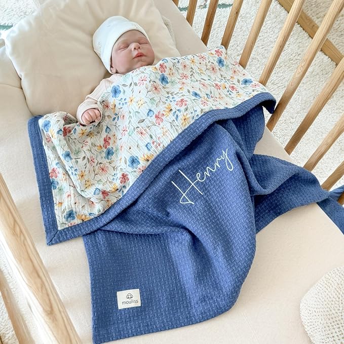 Personalized Baby Blanket with Name – Handmade 100% Organic Cotton Newborn Gift | Custom Knit Blanket for Boys, Girls, Kids & Baby Showers