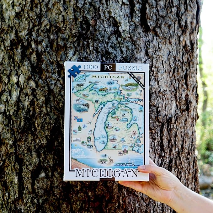 Michigan Map Cardboard Jigsaw Puzzle - 1000 Pieces, Hand-Illustrated - Educational, Family Activity, Ages 7+, Includes Poster - 25.4 x 19.8