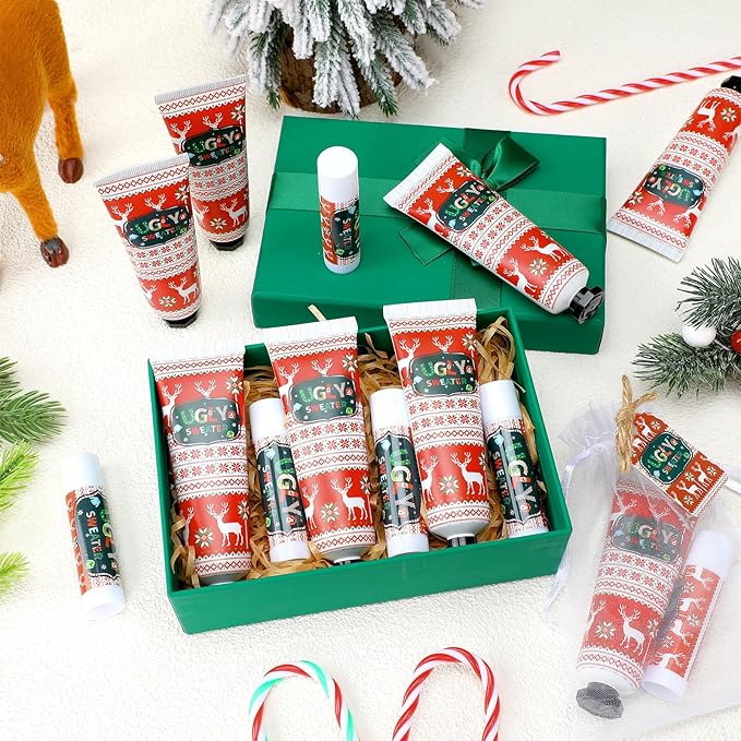 24 Sets Christmas Ugly Sweater Baby Shower Hand Cream and Lip Balm Gift Christmas Party Favors Travel Size Hand Lotion and Lip Balm Bulk Winter Wedding Bridal Shower Party Supplies for Guest
