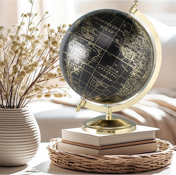 Explorers Globe, Incised Details, Black With Gold Accents, Mapped with Locations, Longitude and Latitude, Resin, Crescent Stand Mounted, Circular Gallery Base, 12.25 Inches Tall