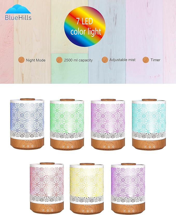 BlueHills 2500 ML Humidifier with Essential Oil Diffuser Combo Aroma Home Décor Design for Large Bed Bath Kids Baby Living Rooms Big Capacity LED Lights Scent Ultrasonic Cool Mist Wood Grain F006