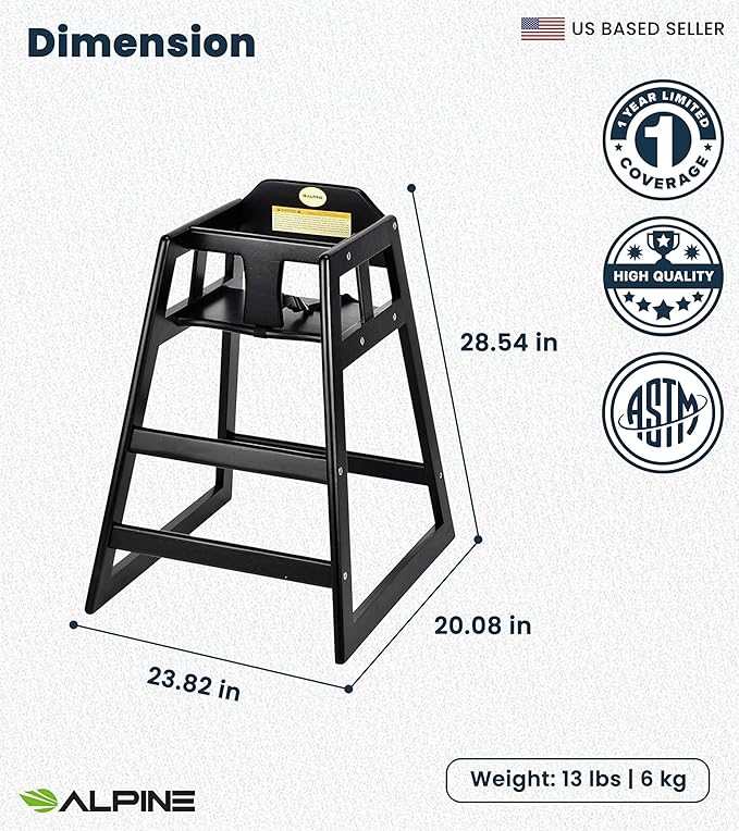 Alpine Wooden High Chairs for Babies and Toddlers with Safety Strap, Commercial Grade Restaurant High Chair, Durable Wood Space Saver Baby Feeding Chair, Ideal for Dining Spaces (2 Pack, Black)