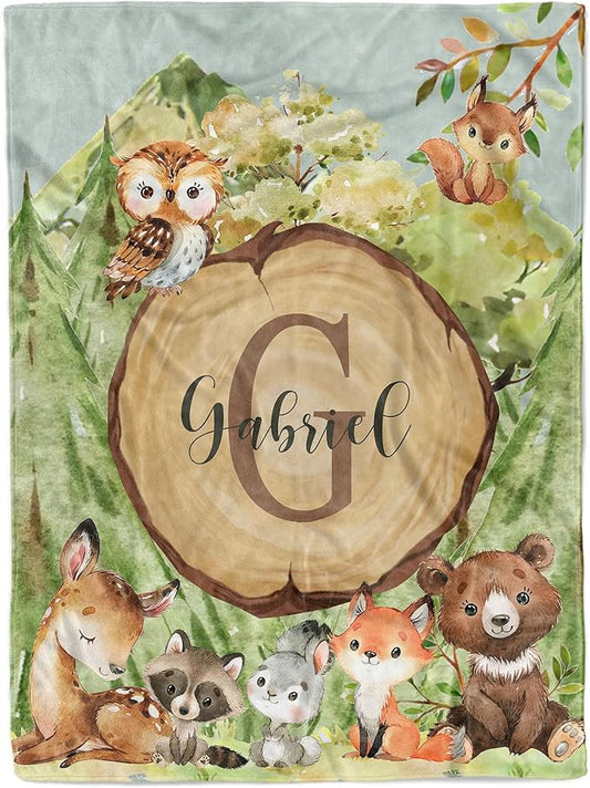 MDPrints Custom Baby Blankets for Boys and Girls, Personalized Baby Gifts, Customized Newborn Blanket with Name, Minky Plush Fleece (Woodland HA75)