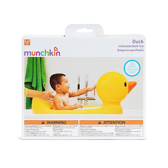 Munchkin Duck Inflatable Baby Bathtub for Babies 6-24 Months, White Hot Heat Alert, Great for Home or Travel, Classic Yellow Ducky