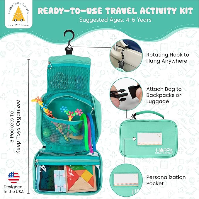 Travel Essentials for Kids – All-in-One Hanging Bag with Kid Toys, Road Trip Activities for Kids, Sensory Toys & Travel Games for Airplane Trips, Car Rides, Gifts for Boys & Girls 4+ Years (Seafoam)