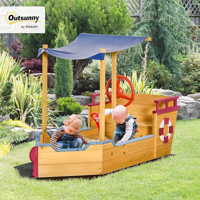 Outsunny Pirate Ship Sandbox with Cover and Rudder, Wooden Sandbox with Storage Bench and Seat, Outdoor Toy for Kids Ages 3-8 Years Old