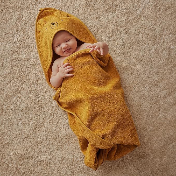 Organic Cotton Baby Hooded Towel 32' x 32' Super-Soft & Absorbent Baby Towel for Newborn (Bear - Autumn Yellow)