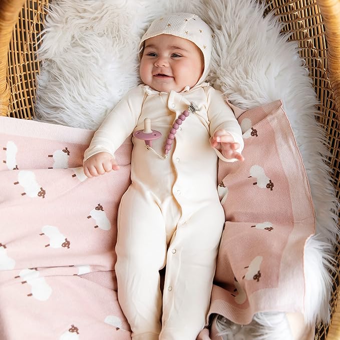 Luxury Knit Baby Receiving Blanket - 100% Cotton Soft Cozy Lightweight Receiving Swaddler Blanket for Shower Gift Registry for Newborns Infants Toddlers (Sheep - Light Pink)