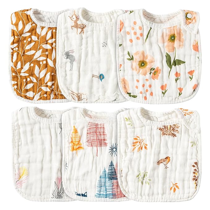 Zainpe 6Pcs Muslin Cotton Bibs for Baby Flower Bunny Deer Adjustable Machine Washable Neutral Burp Cloths with 6 Absorbent Soft Layers for Unisex Infant Newborn Toddler Drooling Feeding Teething