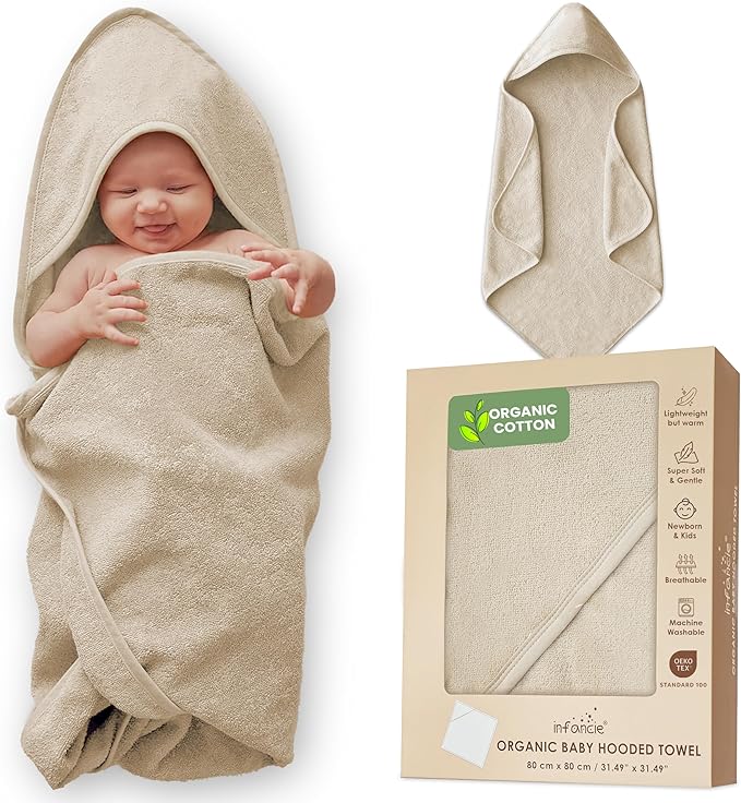 Organic Cotton Plush Woven Hooded Baby Towels, 31x31 Inches, Plush Bath Towels with Hood for Newborns and Kids, Girls & Boys (Ivory, 31.4" L x 31.4" W)